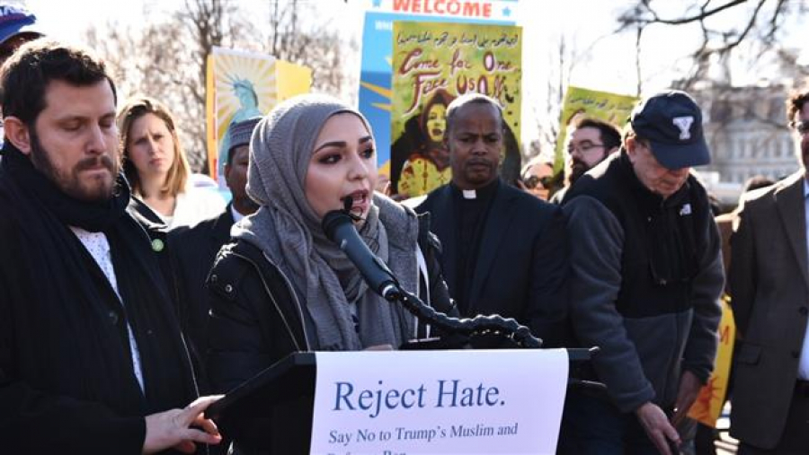 On first anniversary, protesters decry Trump’s Muslim ban outside White House